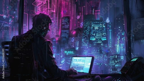 Wallpaper Mural Cyberpunk hacker with futuristic computer setup - A hacker in cyberpunk style engaged with multiple screens in a neon-lit digital environment Torontodigital.ca