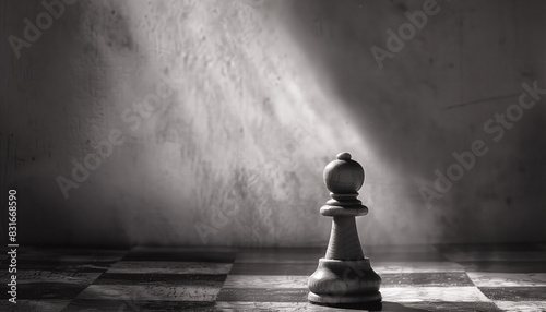 Isolated Lone Chess Pawn in Dramatic Lighting - Concept strategy, decision-making, and potential with space for copy