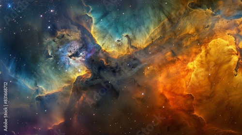 Colorful nebula with intense hues - A richly colored space scene with oranges, yellows, and blues in a nebula formation