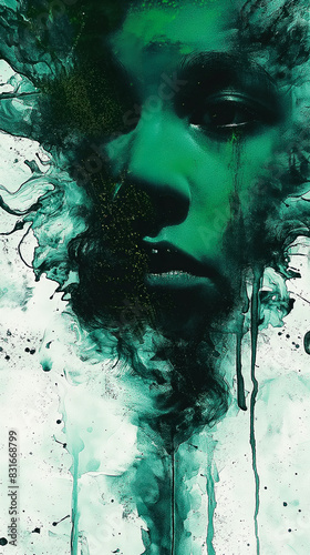 Abstract Green Face in Ink Swirls - Emotional Trauma Concept Design, Depression, Instability, Mental Health Awareness