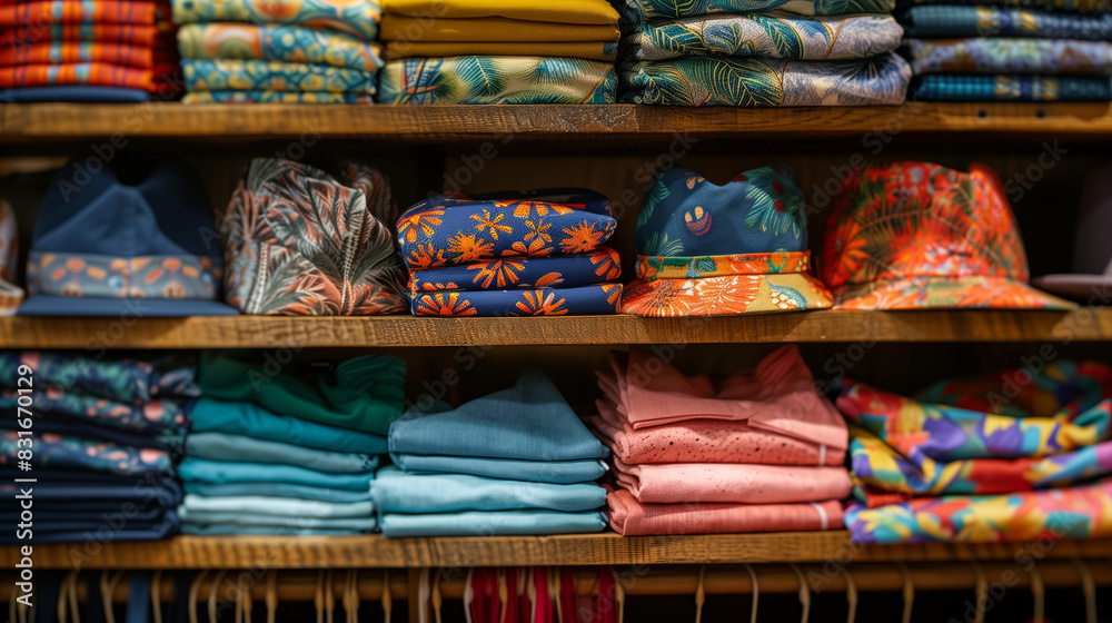 New clothes folded on shelves of a retail store. Apparel bouqitue shoppe details.