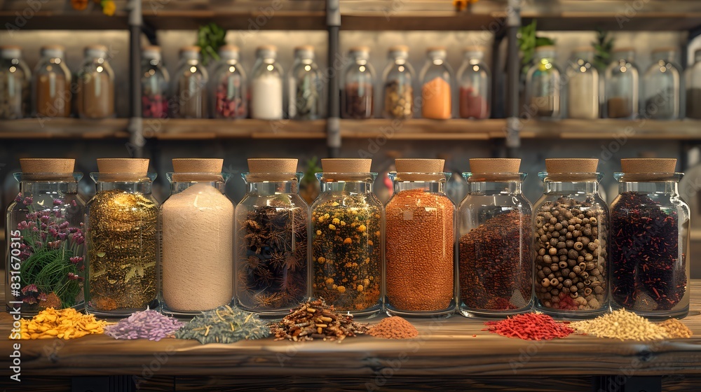 A spice shop with an array of spices and herbs in glass jars and bags. The shop has a rich, exotic feel with wooden shelves and aromatic scents. HD realistic look captured by an HD camera