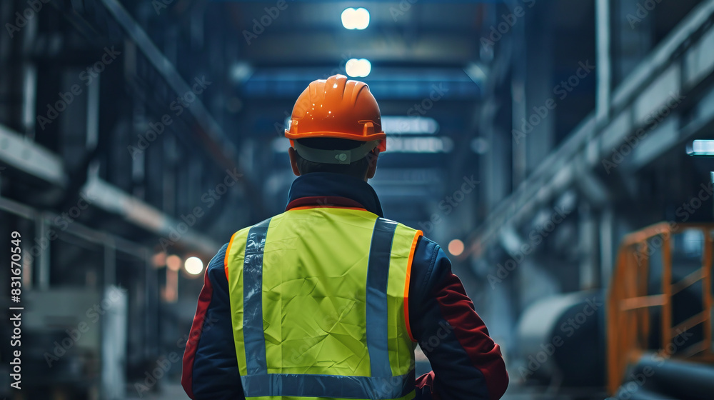 Back Shot of Heavy Industry Engineers Standing Through Manufacturing Factory. In the Background Professionals Working on Construction of Oil, Gas and Fuel Pipeline Transportation Products Back Shot of Heavy Industry Engineers Standing Through Manufacturing Factory. In the Background Professionals Working on Construction of Oil, Gas and Fuel Pipeline Transportation Products