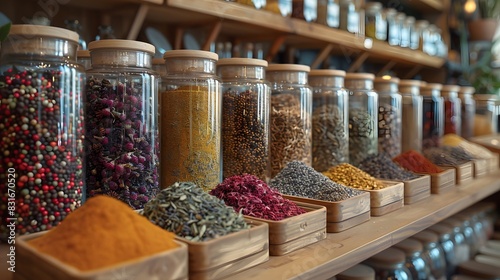 A spice shop with an array of spices and herbs in glass jars and bags. The shop has a rich, exotic feel with wooden shelves and aromatic scents. HD realistic look captured by an HD camera photo