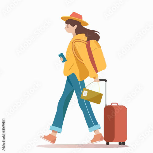 Young woman traveler walking with suitcase and flight ticket. Female millennial with luggage bag and backpack go boarding to plane. Tourist passenger journey vacation concept vector illustratio