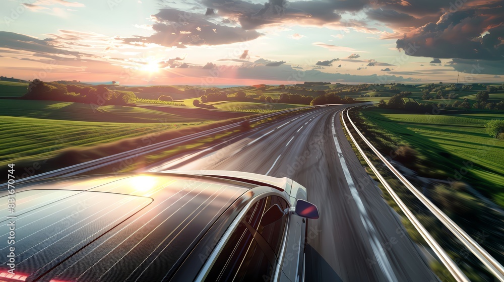 Solar panels on the roof of an electric car driving along highway with green field landscape at sunset. Green energy 