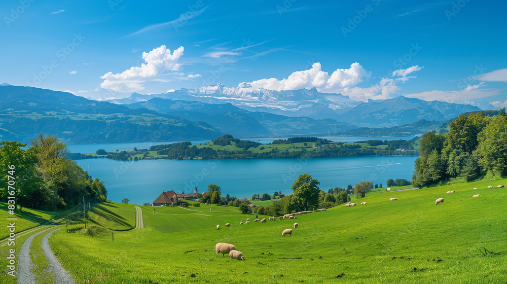 Stunning Swiss Alps Road Trip: Lake, Castle, and Grazing Sheep on a Sunny Day