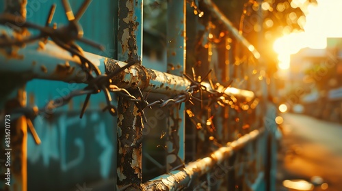 Rusty iron fence with barbed wire at sunset in a city, closeup. Along the street of Bangkok, Thailand, detailed sharp focus, large format photography photo