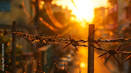 Rustic barbed wire fence on the street with a blurred background in the golden hour light. Aesthetics of urban life in an Indian city at sunset.  photo