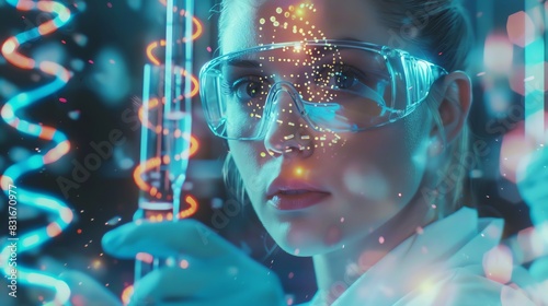 Photo of female scientist holding test tube with DNA double helix in the background, hologram in a high tech lab interior, double exposure, science and technology concept