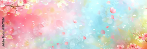 Cute pastel pink and baby blue gradient background with flying cherry blossom petals, Delicate cherry blossoms with pastel background in soft focus creating a dreamy and serene floral scene
