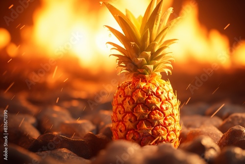 Sliced and half of Pineapple(Ananas comosus) on wooden table with blurred garden background.Sweet, and juicy taste Have a lot of fiber,vitamins C and minerals or healthcare concept , generative ai photo