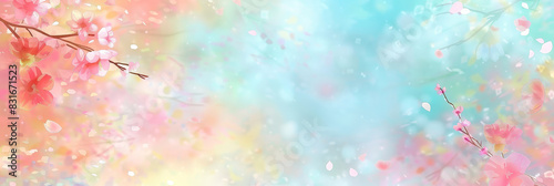 Cute pastel pink and baby blue gradient background with flying cherry blossom petals, Delicate cherry blossoms with pastel background in soft focus creating a dreamy and serene floral scene
