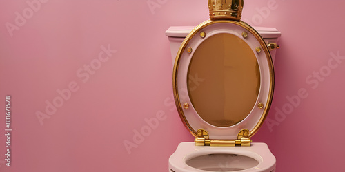 Interior of bathroom with towel on hanger near pink dispensers with toiletries near round wash basin with golden faucet under 
 photo
