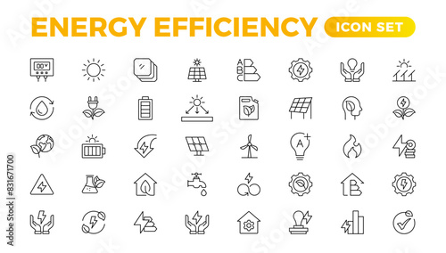 Energy efficiency icon set. Calculator, energy-saving light bulb, piggy bank, solar panel, circular economy, battery, home insulation, energy class vector illustration photo