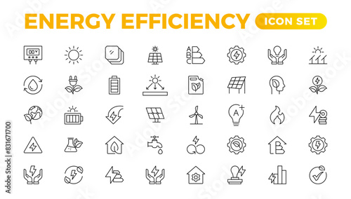 Energy efficiency icon set. Calculator, energy-saving light bulb, piggy bank, solar panel, circular economy, battery, home insulation, energy class vector illustration