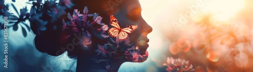 Artistic double exposure of a woman's profile overlaid with flowers and butterflies, evoking beauty and nature in colorful light.