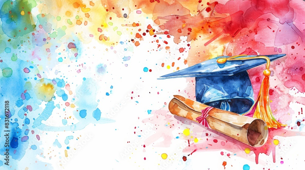 Abstract watercolor of graduation cap and diploma - Abstract image of a ...