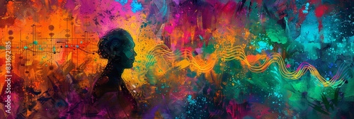 Silhouette of a person in colorful abstract - An abstract colorful backdrop featuring musical elements and a human silhouette in profile