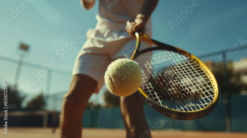 Close up of man playing tennis, hitting the ball with racket on court background. Man in sportswear holding racquet and ready to hit ball during match at outdoor stadium. Sport concept. 