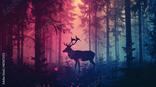 Majestic deer stands in an enchanting twilight forest with vibrant pink and blue hues  evoking a magical and ethereal atmosphere.