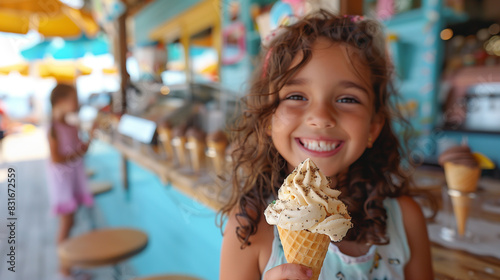 Beachside ice cream shop. Girl enjoying a soft serve cone. photo