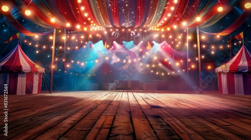 Festive circus tent interior with lights - An empty circus tent decked with vibrant lights and draped curtains, awaiting a performance