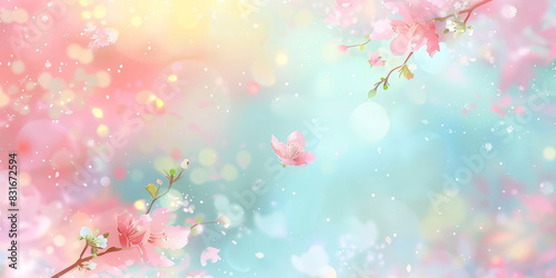 Cute pastel pink and baby blue gradient background with flying cherry blossom petals, Delicate cherry blossoms with pastel background in soft focus creating a dreamy and serene floral scene
