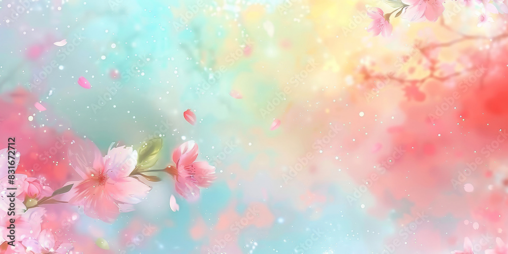 Cute pastel pink and baby blue gradient background with flying cherry blossom petals, Delicate cherry blossoms with pastel background in soft focus creating a dreamy and serene floral scene
