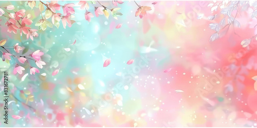 Cute pastel pink and baby blue gradient background with flying cherry blossom petals, Delicate cherry blossoms with pastel background in soft focus creating a dreamy and serene floral scene
