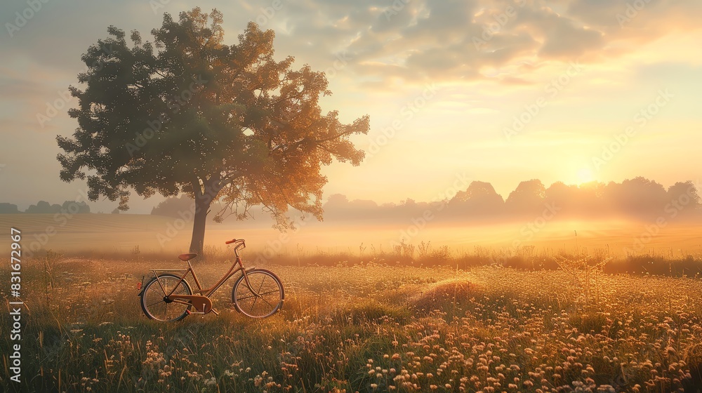 Beautiful summer landscape with old bicycle, meadow and tree at sunrise in morning mist on an idyllic countryside Beautiful summer landscape with old bicycle, meadow and tree at sunrise in morning mist on an idyllic countryside