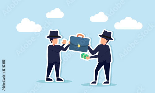 Fraud, bribery, corruption, or hackers stealing and selling data on the dark web, concept of Anonymous criminal buying stolen goods with lots of money from another thief