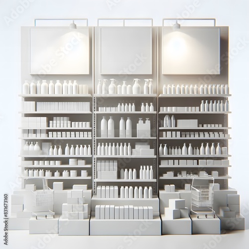 AI Generate of Mockup Supermarket Shelves with mockup blank goods in 3D render.