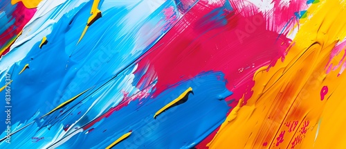 Vivid abstract background with dynamic brush strokes in vibrant blues  reds  and yellows  creating a lively  energetic feel  top down angle  sharp focus