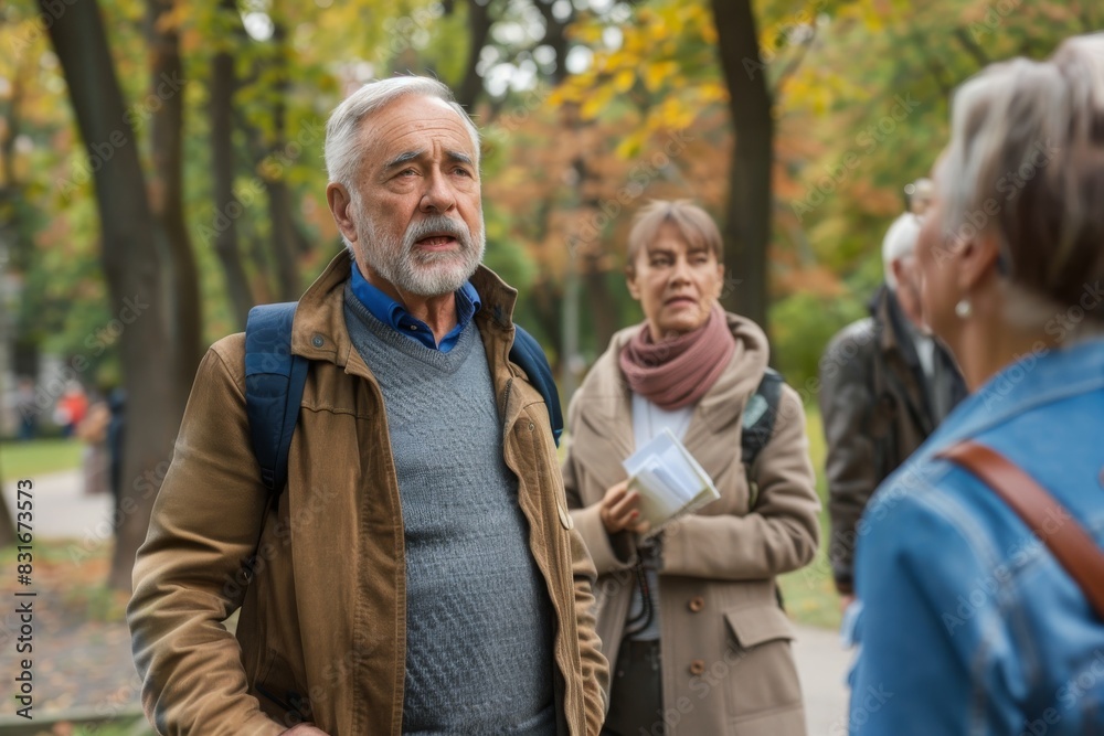senior man with coffee cup walking in autumnal park with friends senior man with coffee cup walking in autumnal park with friends