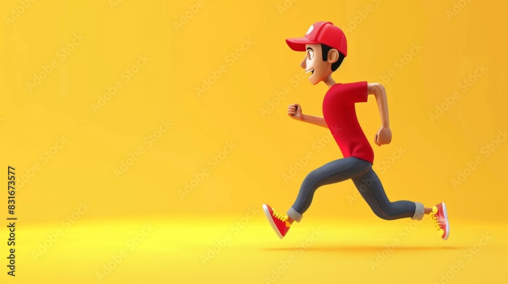 Running unrealistic man, red shirt and cap, yellow background, copy space.