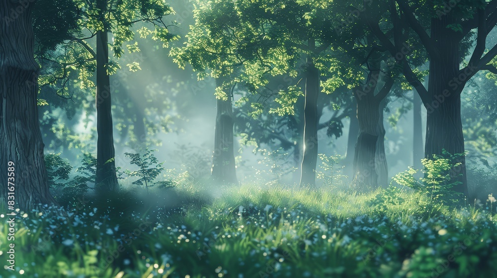 Fototapeta premium Sunlight filtering through forest trees - Morning sun rays pierce through dense forest foliage creating a magical, green-tinted ambiance