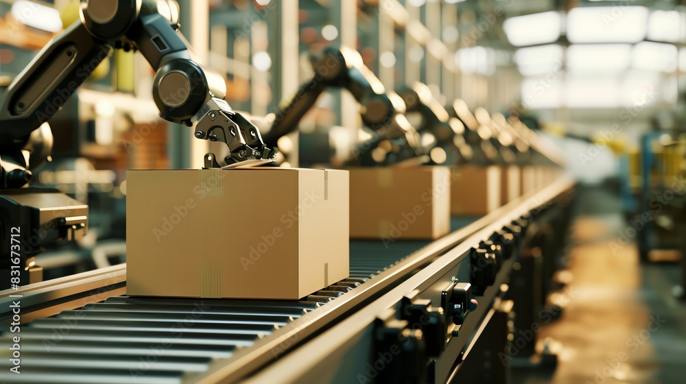 An impression of robotic arms working on a cardboard box on a conveyor belt in a modern factory, depicting a digitalized industry and process. An impression of robotic arms working on a cardboard box on a conveyor belt in a modern factory, depicting a digitalized industry and process.