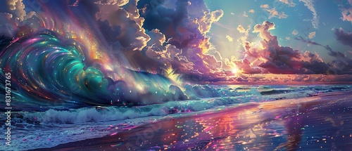 A fantastical beach scene with sand in shades of blue and purple photo