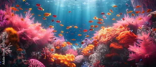 A vibrant underwater scene featuring colorful coral reefs and a variety of tropical fish swimming among them. HD 8K background wallpaper with a realistic look, captured by an HD camera