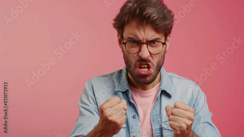 handsome man anggry look camera gesture pinkk background photo