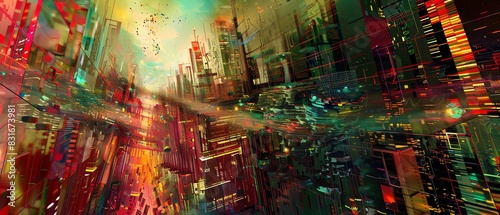 A surreal cityscape with buildings made of translucent