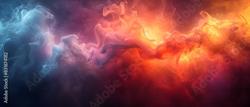 A visually striking abstract background with a blend of vibrant orange, teal, and magenta shapes and smoke, appearing almost tangible in high-definition photo