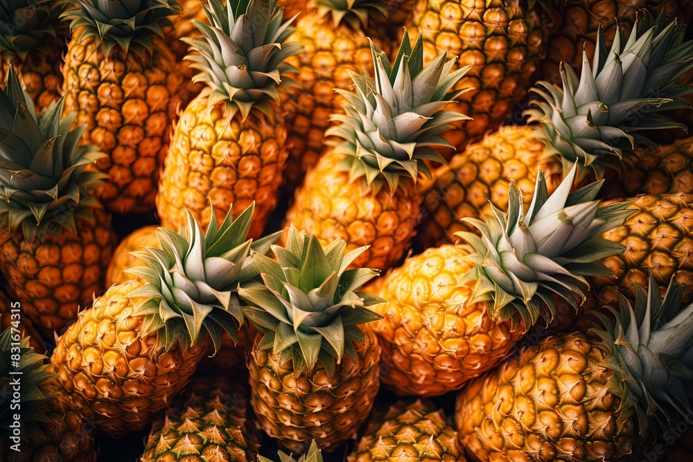 Sliced and half of Pineapple(Ananas comosus) on wooden table with blurred garden background.Sweet, and juicy taste Have a lot of fiber,vitamins C and minerals or healthcare concept , generative ai Sliced and half of Pineapple(Ananas comosus) on wooden table with blurred garden background.Sweet, and juicy taste Have a lot of fiber,vitamins C and minerals or healthcare concept , generative ai