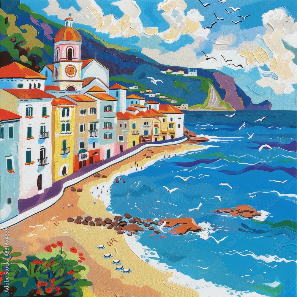 Bright colorful painting of a beautiful Mediterranean coastal summer with sun and wind that feels pleasant and familiar