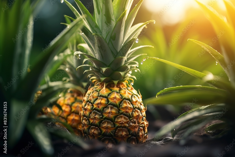 Sliced and half of Pineapple(Ananas comosus) on wooden table with blurred garden background.Sweet, and juicy taste Have a lot of fiber,vitamins C and minerals or healthcare concept , generative ai Sliced and half of Pineapple(Ananas comosus) on wooden table with blurred garden background.Sweet, and juicy taste Have a lot of fiber,vitamins C and minerals or healthcare concept , generative ai