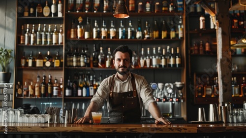 Man bartender working in restaurant.
