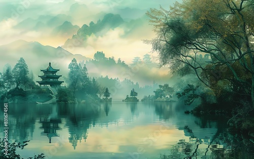 Serene Chinese landscape with a pagoda by a lake  muted greens and blues  reflection in water  panoramic view  dawn light