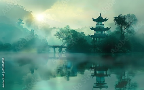 Serene Chinese landscape with a pagoda by a lake  muted greens and blues  reflection in water  panoramic view  dawn light