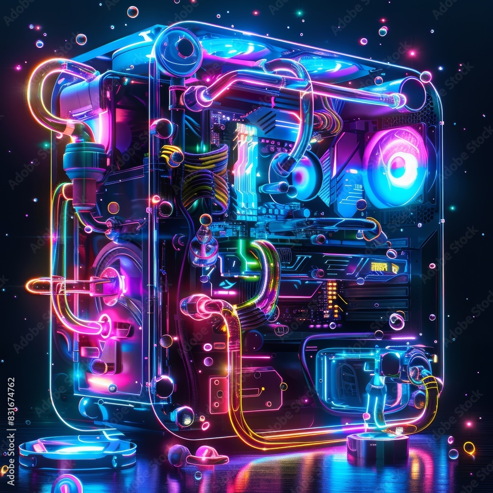 Fototapeta premium case pc, gaming, mainboard, custom water, cyperpunk